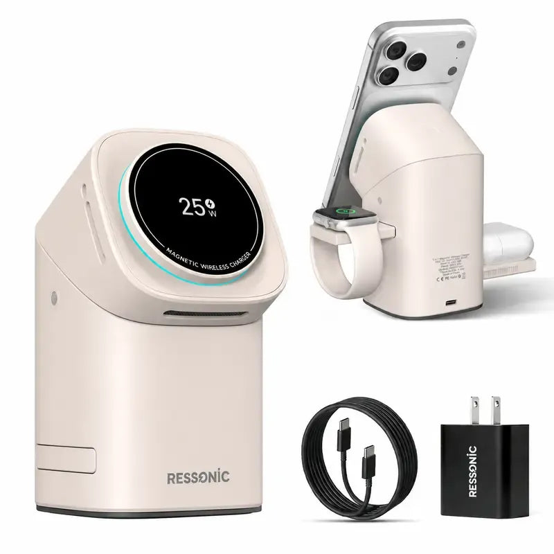 3-in-1 Wireless Charger 25W Quick Charge Hub 45W Adapter iPhone Samsung iWatch AirPods Magnetic One-Click Auto Rotation Travel-Friendly