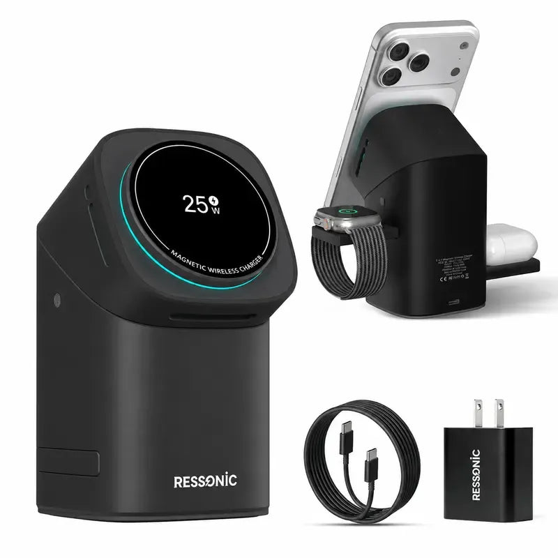 3-in-1 Wireless Charger 25W Quick Charge Hub 45W Adapter iPhone Samsung iWatch AirPods Magnetic One-Click Auto Rotation Travel-Friendly