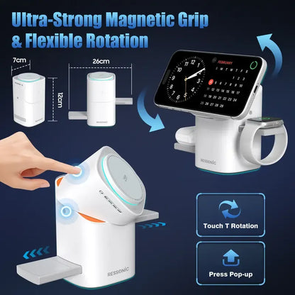 3-in-1 Wireless Charger 25W Quick Charge Hub 45W Adapter iPhone Samsung iWatch AirPods Magnetic One-Click Auto Rotation Travel-Friendly