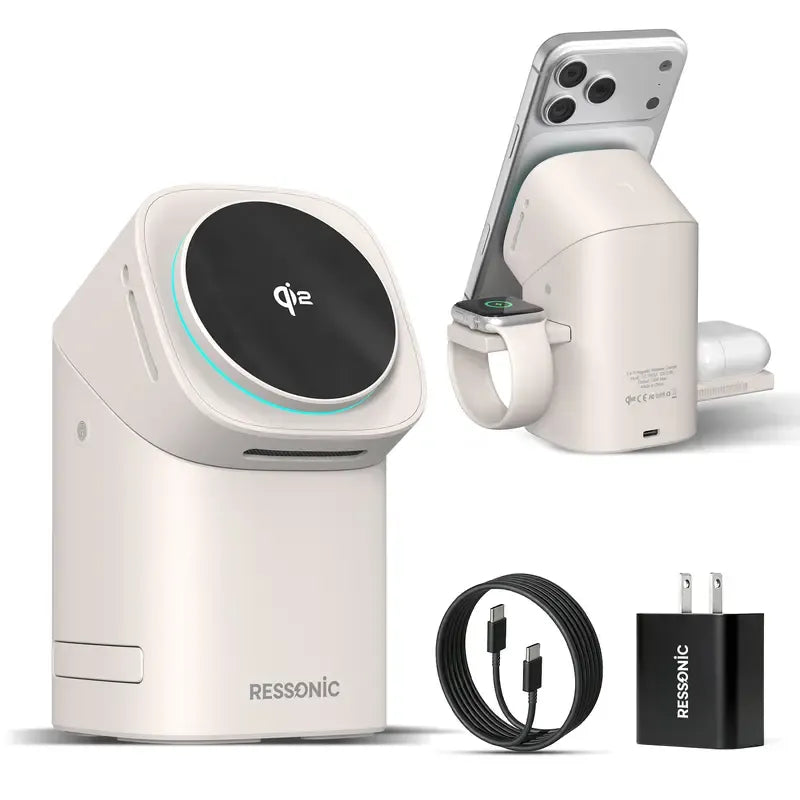 3-in-1 Wireless Charger 25W Quick Charge Hub 45W Adapter iPhone Samsung iWatch AirPods Magnetic One-Click Auto Rotation Travel-Friendly