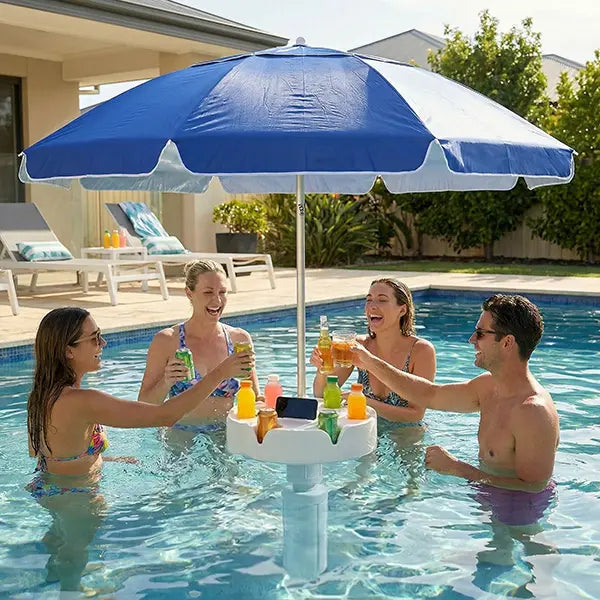 Floating Pool Umbrella with Bar, Base, Cup Holder & Phone Stand – Portable Poolside Shade with Carry Bag