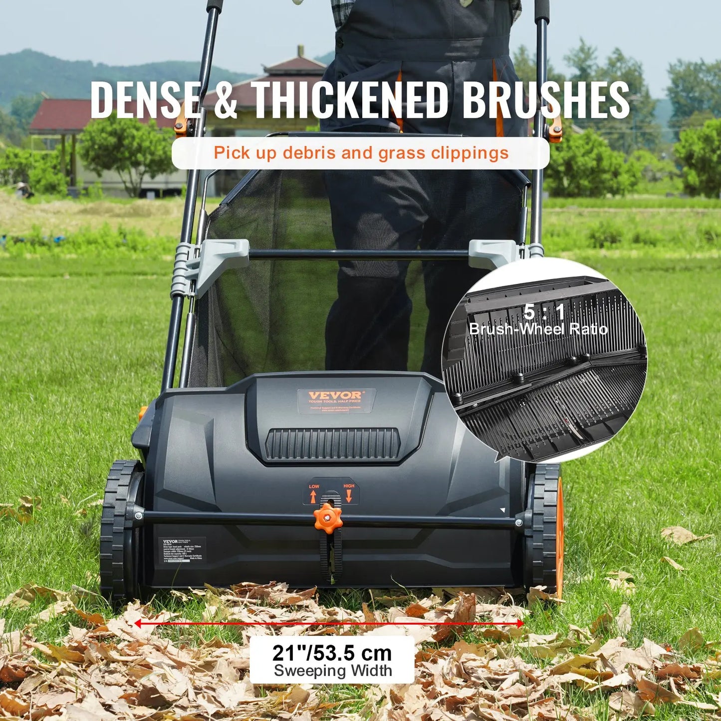 21-Inch Push Lawn Sweeper – 3.5 cu. ft. Hopper, Dual Spinning Brushes & Adjustable Handle for Leaf & Grass Cleanup