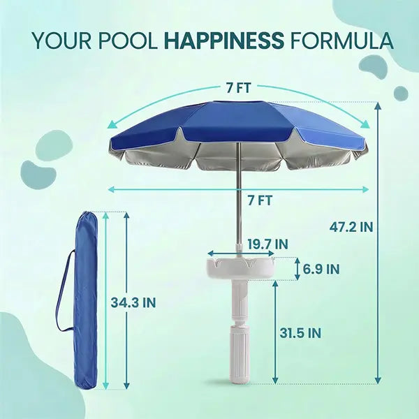 Floating Pool Umbrella with Bar, Base, Cup Holder & Phone Stand – Portable Poolside Shade with Carry Bag