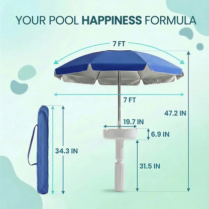 Floating Pool Umbrella with Bar, Base, Cup Holder & Phone Stand – Portable Poolside Shade with Carry Bag