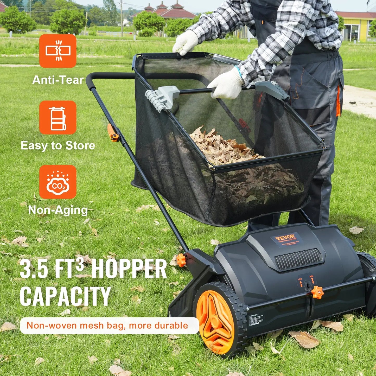 21-Inch Push Lawn Sweeper – 3.5 cu. ft. Hopper, Dual Spinning Brushes & Adjustable Handle for Leaf & Grass Cleanup