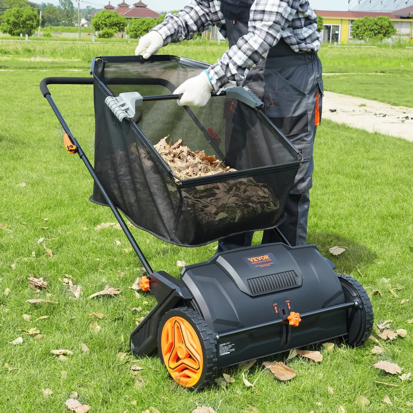 21-Inch Push Lawn Sweeper – 3.5 cu. ft. Hopper, Dual Spinning Brushes & Adjustable Handle for Leaf & Grass Cleanup