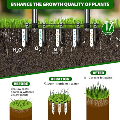 Manual Lawn Aerator with 15 Iron Spikes – Heavy Duty, Height Adjustable, Self-Cleaning Design