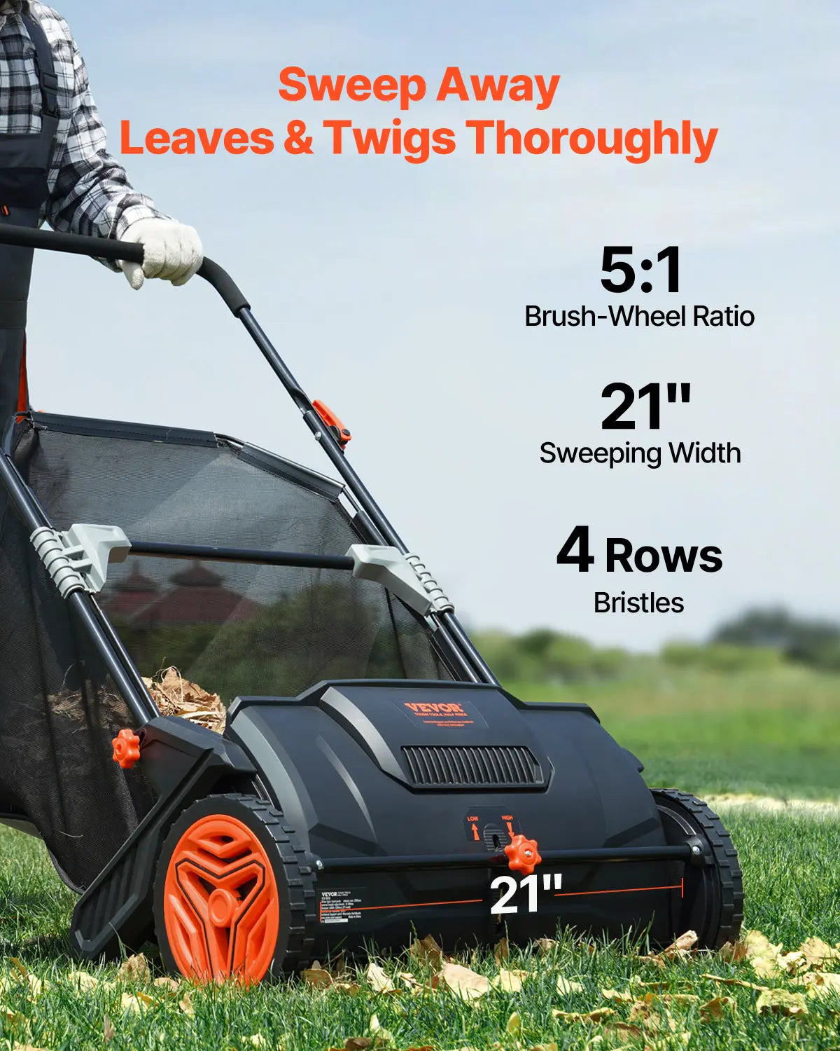 21-Inch Push Lawn Sweeper – 3.5 cu. ft. Hopper, Dual Spinning Brushes & Adjustable Handle for Leaf & Grass Cleanup