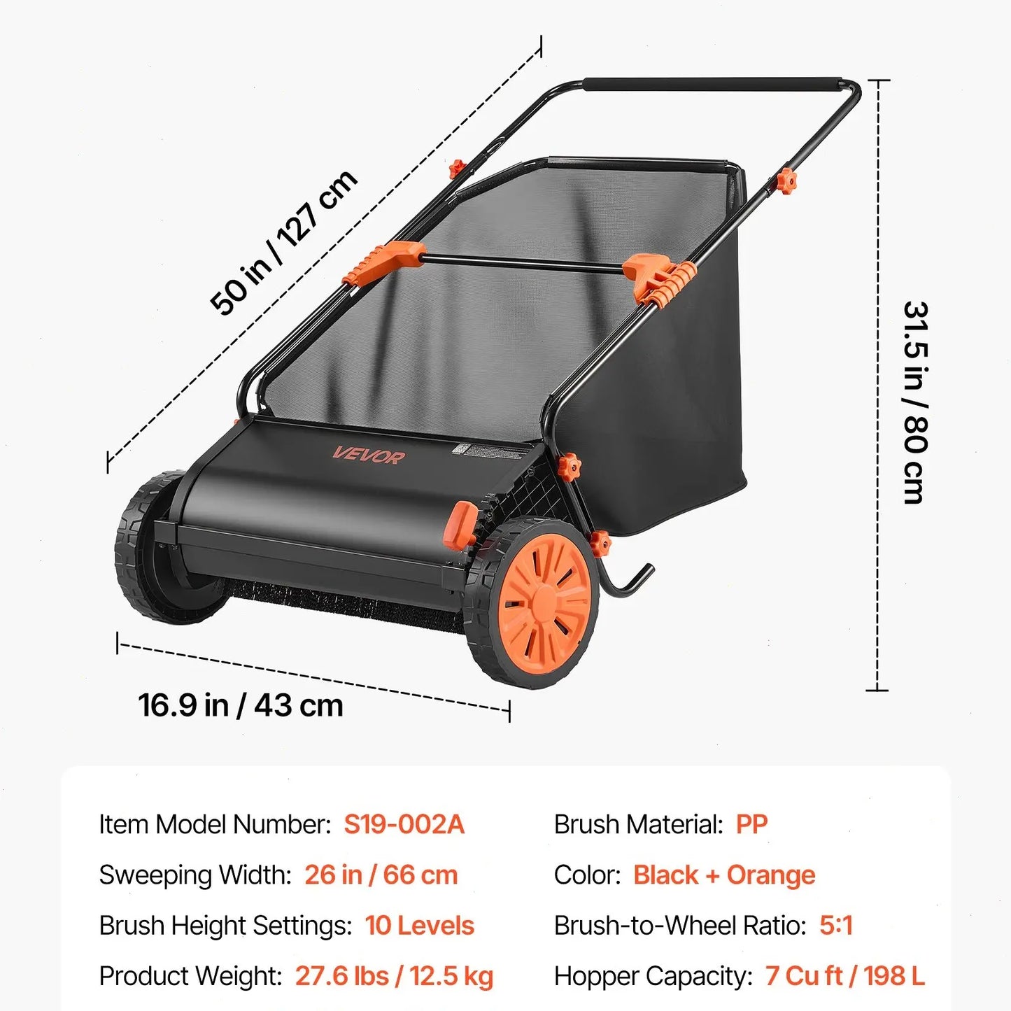 21-Inch Push Lawn Sweeper – 3.5 cu. ft. Hopper, Dual Spinning Brushes & Adjustable Handle for Leaf & Grass Cleanup